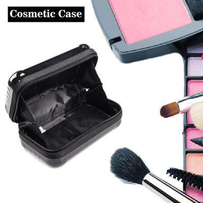 Black cosmetic case with makeup brushes and a palette on a white background