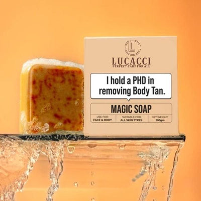 Lucaccii magic soap with packaging on an orange background