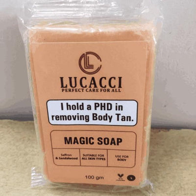 Packaged soap bar with Lucacci branding on a neutral background