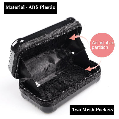 Black travel case with adjustable partition and two mesh pockets on a white background