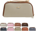 Set of beige cosmetic bags with brown accents and visible brand logo on a white background.