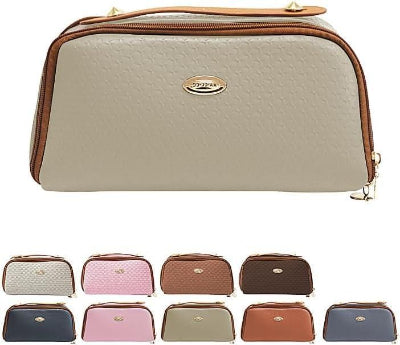 Set of beige cosmetic bags with brown accents and visible brand logo on a white background.