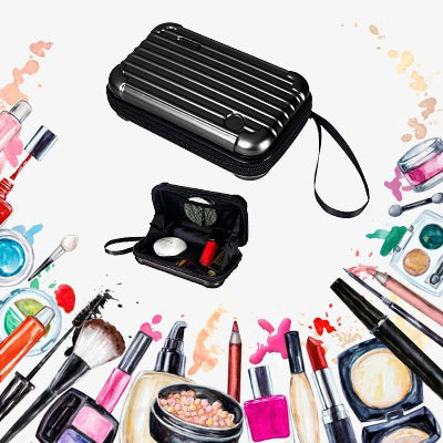 Black makeup case with cosmetic items on a colorful background