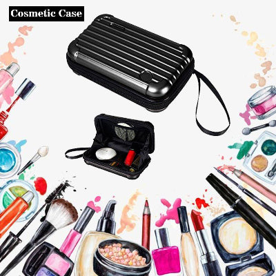 Black cosmetic case with makeup items on a colorful background