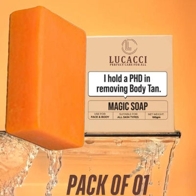 Orange soap bar with Lucaccii packaging on an orange background