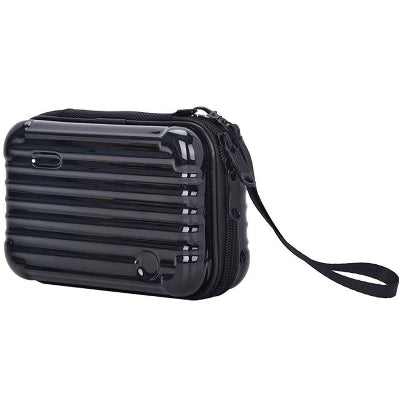Black rectangular travel case with a strap on a white background